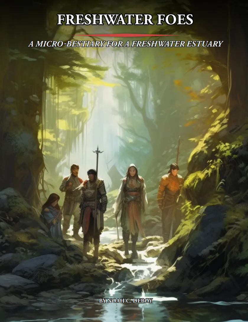 Cover of Freshwater Foes: a murky riverbank scene with something large breaking the surface.