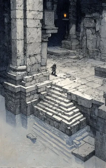 Drowned Things zine cover: dense hand-drawn crosshatched ink of a ruined flooded crypt in cold blue-grey wash.