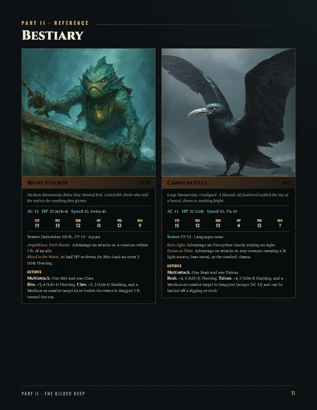 Interior bestiary page: the Brine Stalker and the Carrion Gull, each with a painted portrait above a full stat block.
