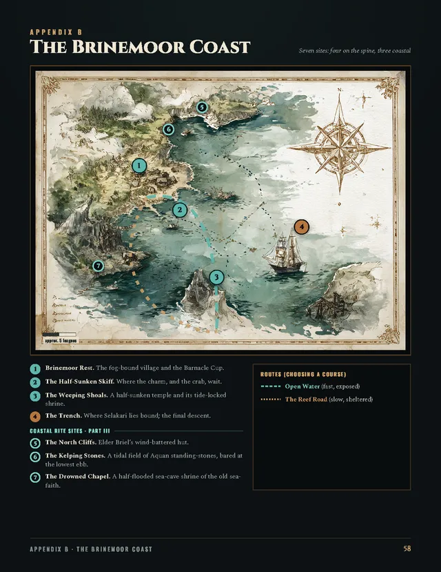 Interior appendix: the full-page region map of the Brinemoor Coast, with seven numbered sites, both sailing routes, a compass rose and a scale bar.