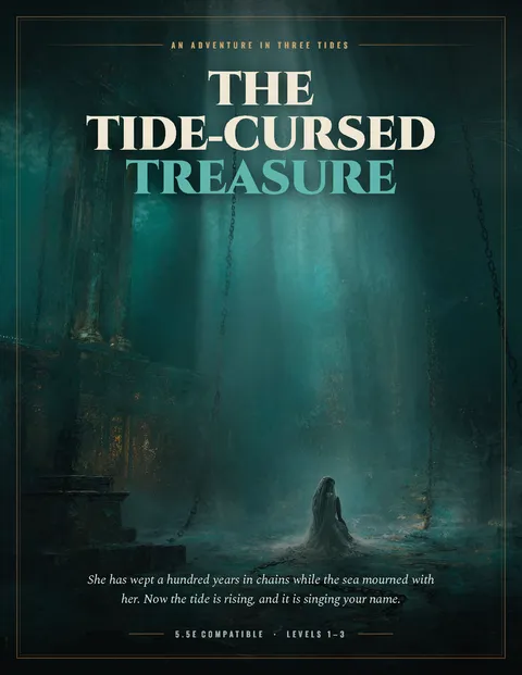 Typeset cover of The Tide-Cursed Treasure: a chained figure weeping in a drowned chapel, shafts of light through dark water.